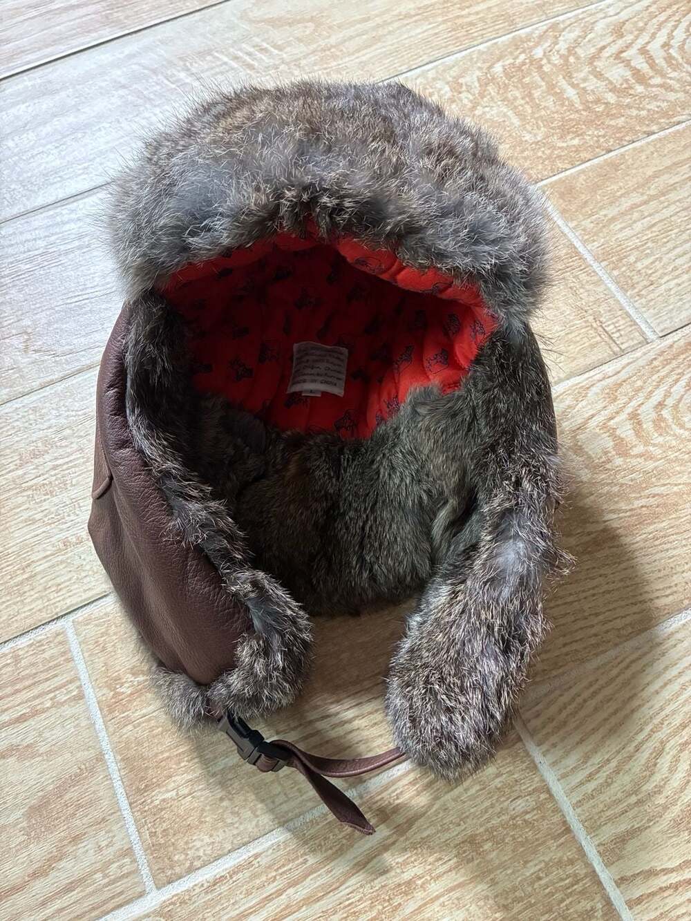Vintage Mad Bomber Leather & Rabbit Fur Trapper Hat - Red Graphic Lining - Large